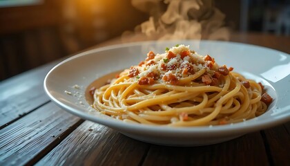 Pasta dish with topping on wooden table