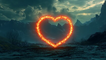 Fantasy landscape with red heart on the background of mountains and sky