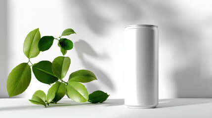 A minimalistic soda can mockup stands elegantly beside fresh green leaves, creating a serene and modern atmosphere with soft shadows