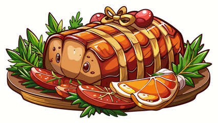 Roasted pork meat, Christmas baked spicy glazed meat, isolated on white background