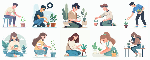 Cartoon Characters Gardening and Taking Care of Houseplants – Flat Illustration Collection