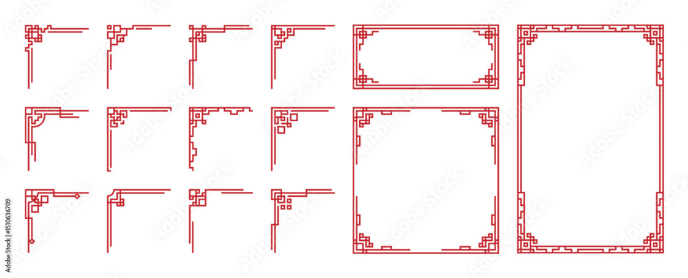 Poster chinese frame corner ornament vector set. decorative elements with line, corner, borders, frames, he