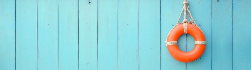 Nautical safety equipment, maritime rescue rediness concept - orange lifebuoy hanging on rustic blue wooden wall texture background banner long panorama