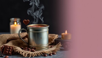 Cozy hot chocolate in metal mug with candle light and chocolate bar scene