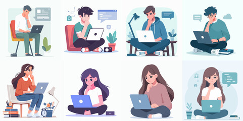 Cartoon Illustration of People Thinking While Using Laptops – Young Adults Working or Studying