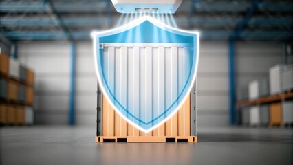 A secure shipping container in a warehouse is protected by a glowing shield symbol, representing advanced security and protection technology.