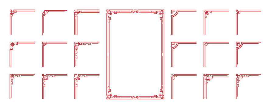 Chinese frame corner ornament vector set. Decorative elements with line, corner, borders, frames, headers. Illustration of elegant design suitable for card, invitation, poster, cover.
