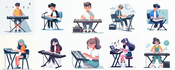 Cartoon Characters Playing Keyboard or Synthesizer – Musician Illustration Set