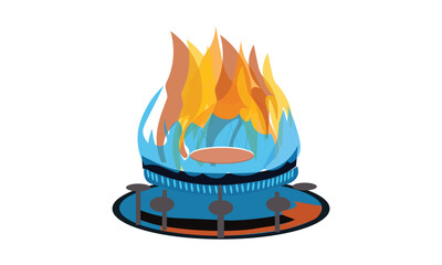 Burning Gas Stove, Blue Gas Flame Burning on a Cooktop Illustration on a white background