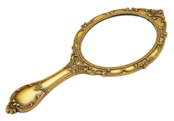 Isolated Vintage Hand Mirror Ornate Gold Finish