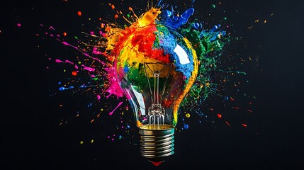 Colorful light bulb with splashes on black background. 3D rendering