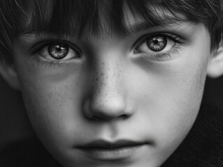 Naklejka premium Close-up portrait of a young boy with a poignant, introspective gaze.