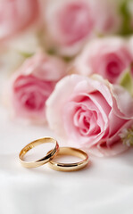 wedding rings and pink roses