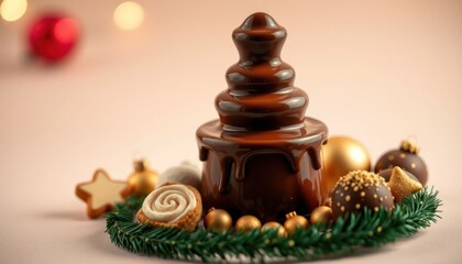 Elegant Chocolate Fountain Display with Festive Holiday Ornament Accents