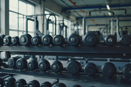 Dumbbells of gym, equipment for sports training and exercises. AI Generative - Powered by Adobe