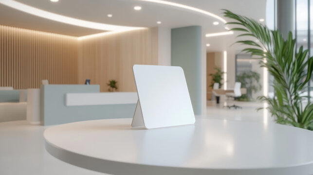 Futuristic blank digital tablet on a smooth round table in modern office  