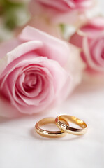 wedding rings and pink roses