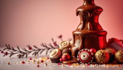 Enticing Chocolate Fountain Display Surrounded by Festive Dessert Delights