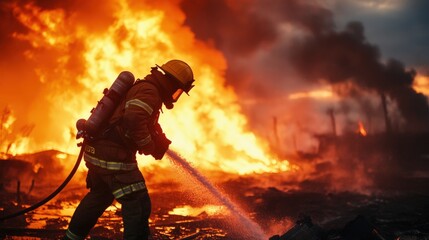 A firefighter in action, spraying water to extinguish a blaze, displaying courage and dedication