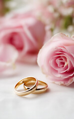 wedding rings and pink roses