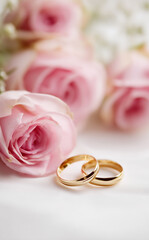 wedding rings and pink roses