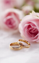 wedding rings and pink roses