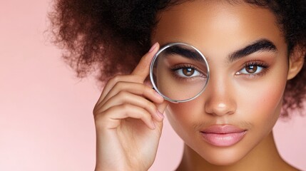 A beauty expert holding a magnifying mirror, carefully plucking eyebrows into the perfect shape