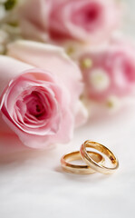 wedding rings and pink roses