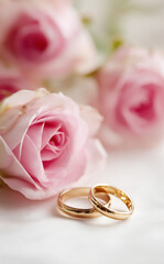 wedding rings and pink roses