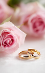 wedding rings and pink roses