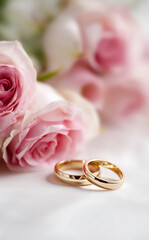wedding rings and pink roses