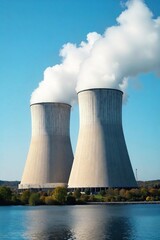 Vast cooling towers of a modern power plant, billowing steam against a clear blue sky A testament to industrial energy production and environmental considerations , steam, thermal, concrete