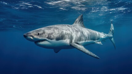 Naklejka premium Great white shark swimming in deep blue water