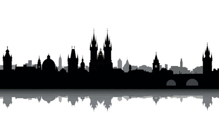 Silhouette of historic prague skyline reflected on calm water