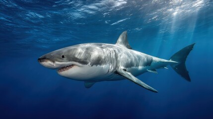Great white shark swimming in blue ocean with sun rays shining through surface