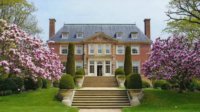 Large Luxurious Red Brick Manor House with Steps and Magnolia Trees in Bloom