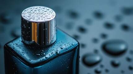 A close-up of a sleek perfume bottle with condensation forming on its surface