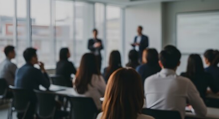 Presentador en el escenario de una conferencia. Charla profesional. Presentador y público borrosos, desenfocados e inidentificables. Gerente ejecutivo corporativo. Asistentes.