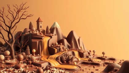 Enchanting chocolate landscape featuring a caramel river and chocolate castle