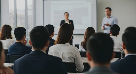 Obraz premium Presentador en el escenario de una conferencia. Charla profesional. Presentador y público borrosos, desenfocados e inidentificables. Gerente ejecutivo corporativo. Asistentes.