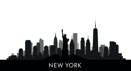 Naklejka premium New york city skyline silhouette with statue of liberty and skyscrapers