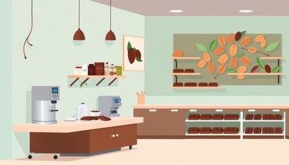 Modern chocolate shop interior with display shelves and preparation counter