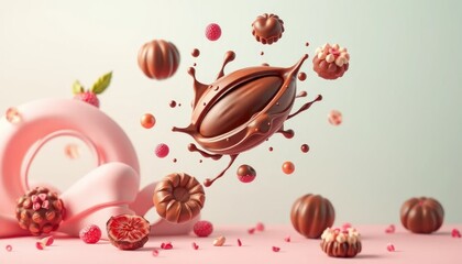 Whimsical confectionery cascade featuring chocolate pod and berry accents