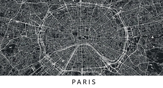 Detailed black and white map of paris with streets and landmarks