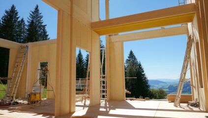 Construction of Wooden Walls in Scenic Landscape, Featuring Ladders and Timber Framework, Under Clear Blue Sky, Daylight Illumination
