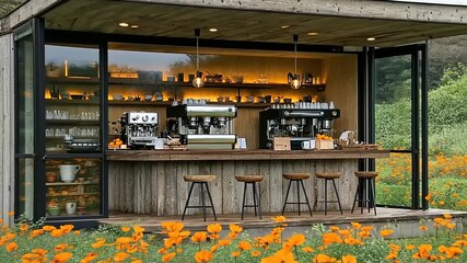 Tranquil outdoor cafe nestled in a vibrant flower field offering a serene coffee experience