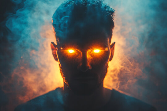 Silhouette of a man with glowing eyes