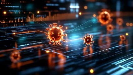 Glowing virus models interconnected in a digital matrix - Powered by Adobe