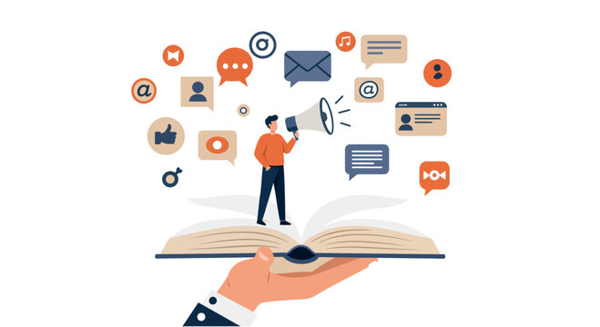 Young male engaging in digital communication with social media and technology icons