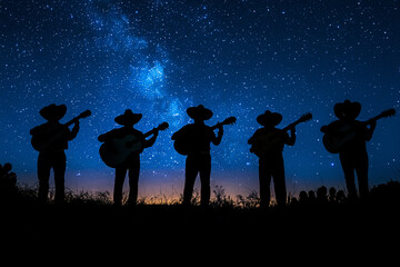 Silhouette of a mariachi band playing under the stars
